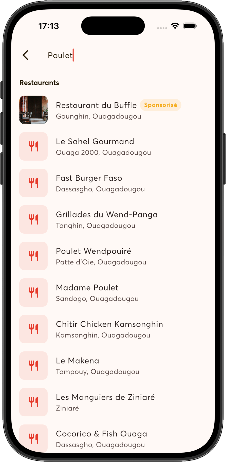 Une recherche dans l'application, avec une fiche sponsorisée en tête de liste